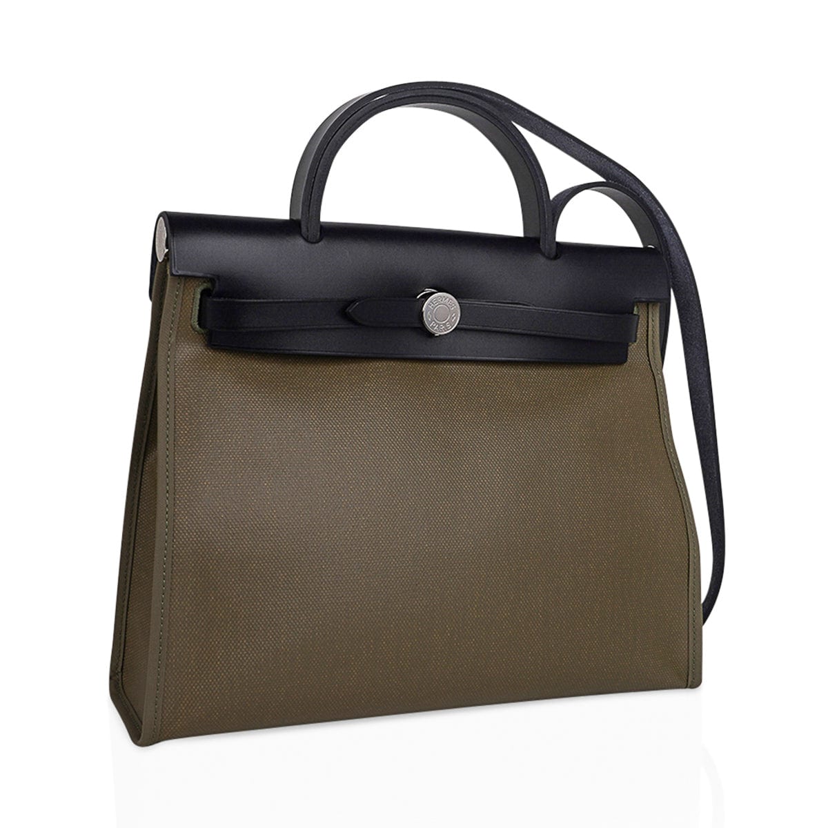 Hermes Herbag Zip 31 Bag Retourne Khaki Berline & Black Leather with Palladium Hardware