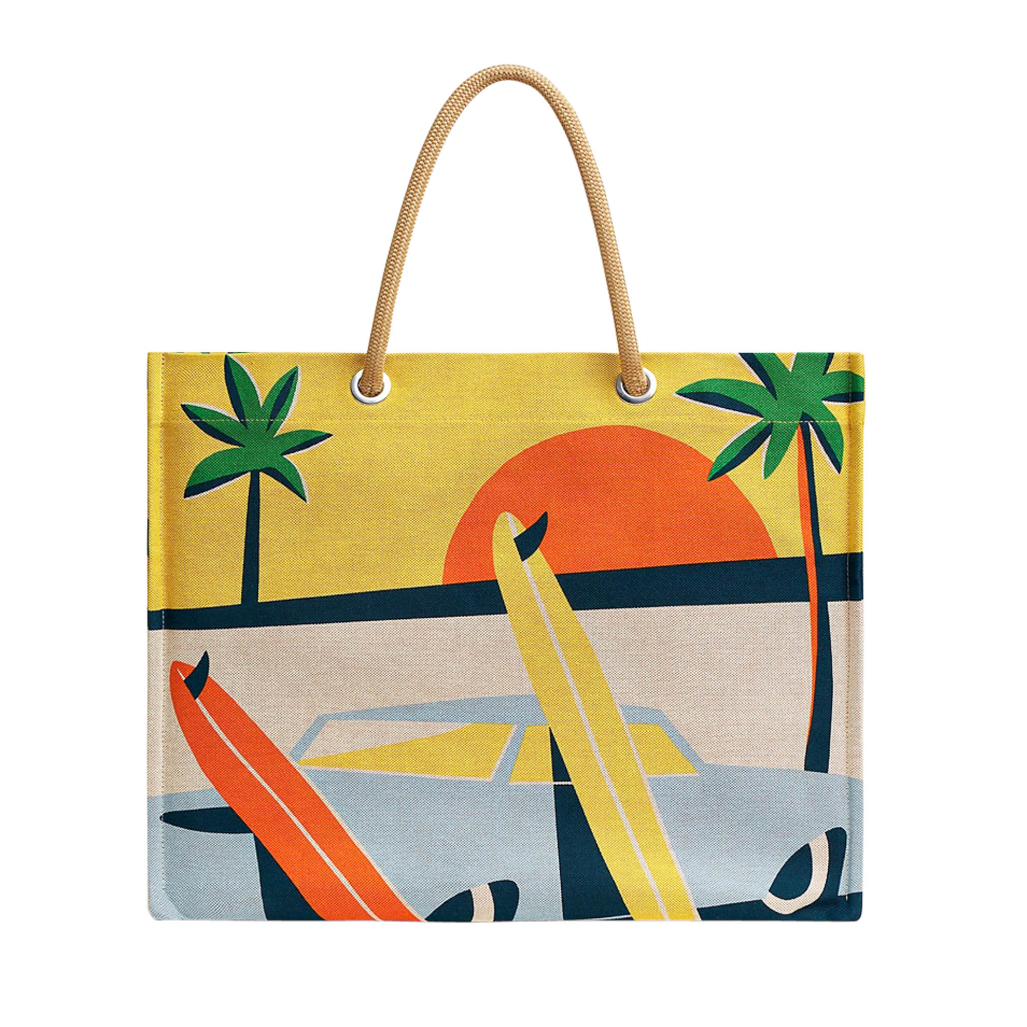 Hermes Beach Tote bag Apres la Vague Printed Toile Jaune and Blue