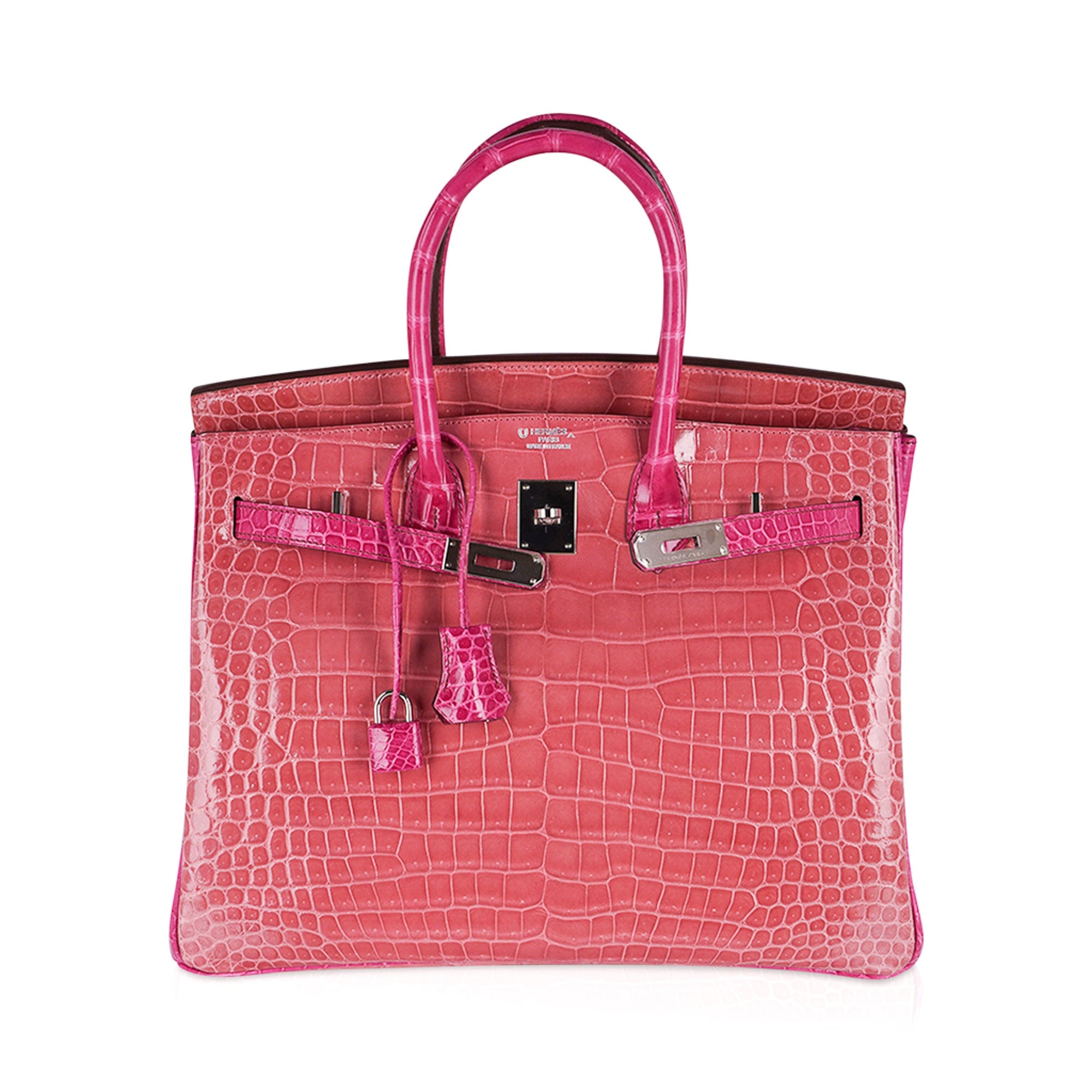 Hermes Special Order HSS Birkin 35 Bag Rose Indienne and Fuchsia Porosus Crocodile with Palladium Hardware