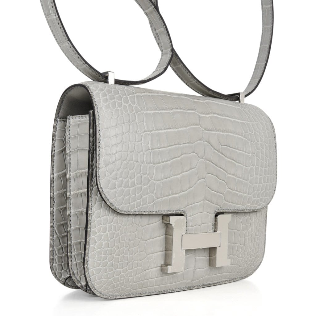 Hermes Mini Constance Bag 18 Gris Perle Matte Alligator with Palladium Hardware