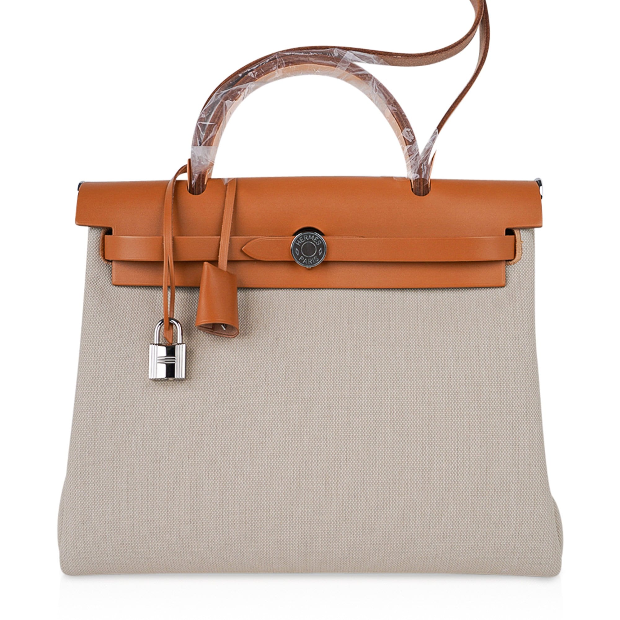 Hermes Herbag Zip 31 Bag Beton Toile Militaire / Natural Sable Leather Palladium New w/Box