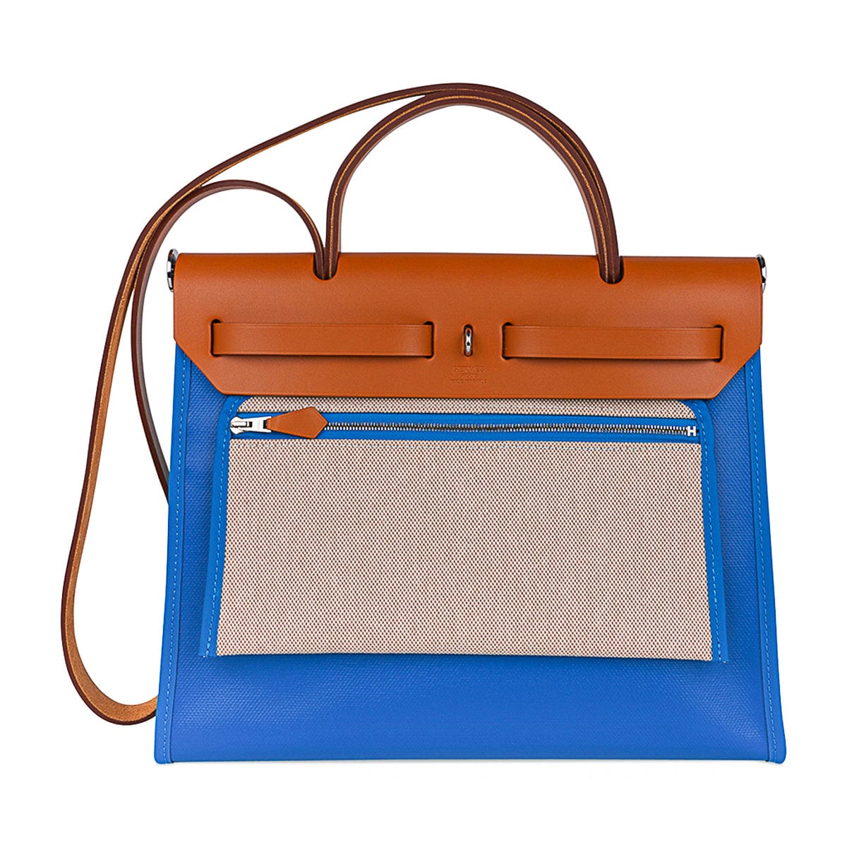 Hermes Herbag Zip 31 Bag Blue Frida Berline Canvas Vache Naturelle Leather with Palladium Hardware