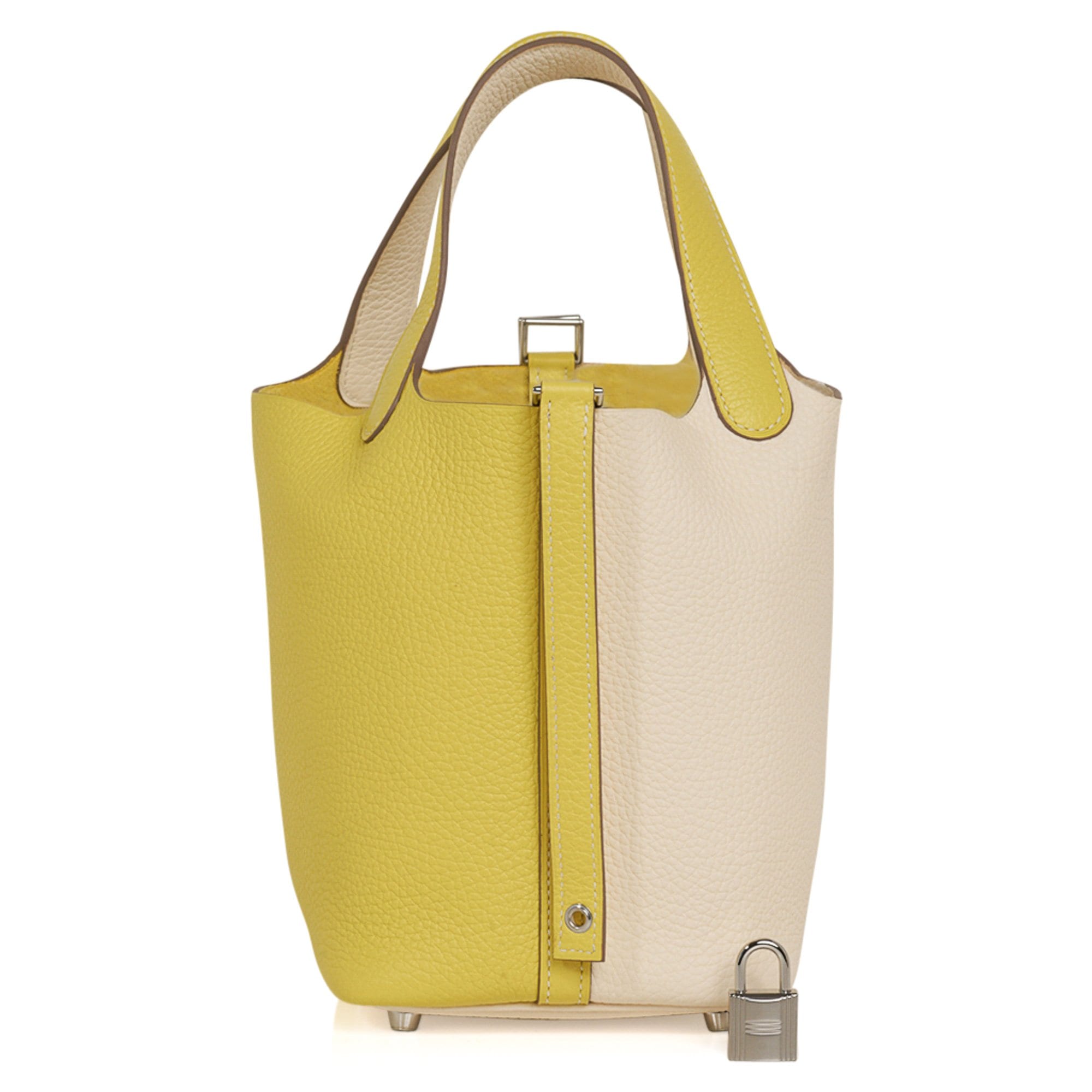 Hermes Picotin Lock 18 Casaque Bag Lime / Nata Bi-Color Tote Clemence Palladium
