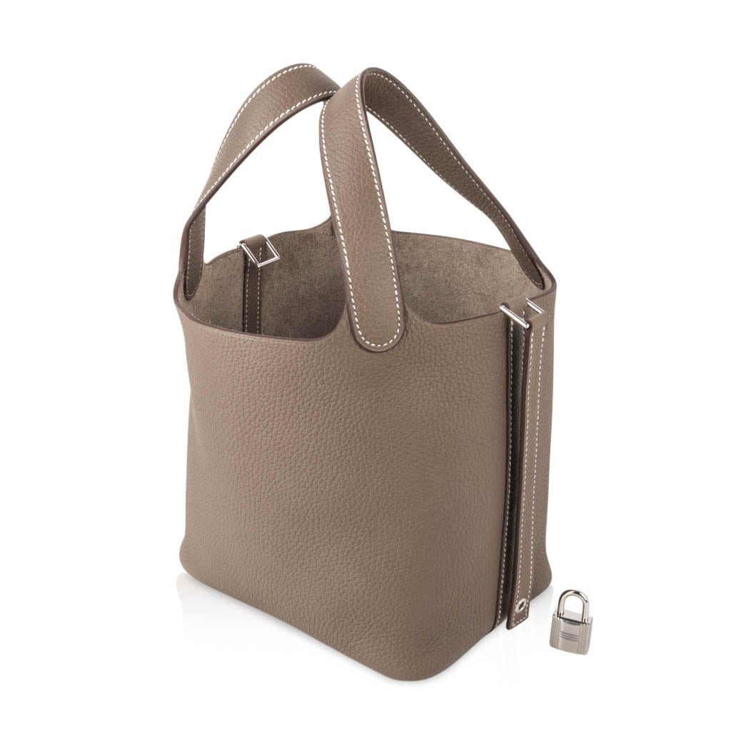 Hermes Picotin Lock 18 Bag Etoupe Clemence Tote Palladium Hardware New w/Box