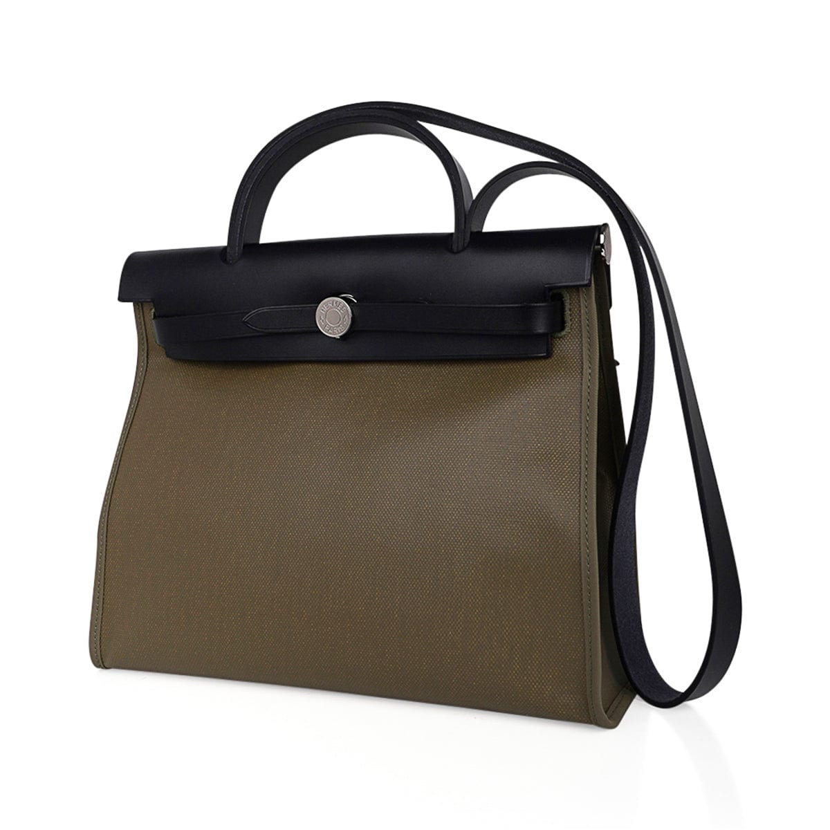 Hermes Herbag Zip 31 Bag Retourne Khaki Berline & Black Leather with Palladium Hardware