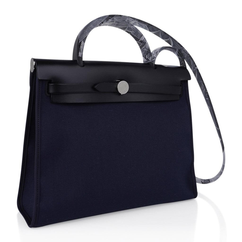 Hermes Herbag Zip Navy on Black 31 Militaire Canvas Vache Hunter Leather